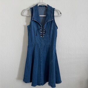 Distressed Denim Dress with Lace-Up Front